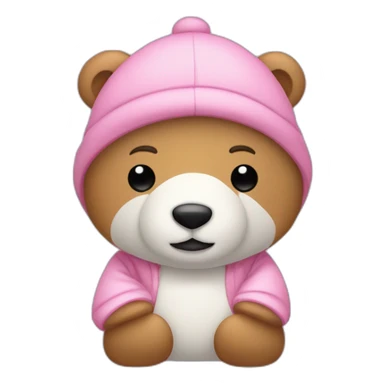 Un oso de peluche blanco con un pijama rosada y un gorro blanco y muy delgado sticker