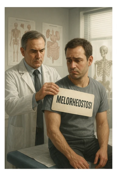 A realistic, cinematic illustration set in a bright, modern medical office. A middle-aged doctor in a white lab coat with a serious expression is shown gently placing a large paper label on the shoulder of a male patient sitting on the examination table. The label has the word 'Meloreostosi' written on it, symbolizing the act of labeling the patient with his rare bone condition. The patient looks confused and slightly disheartened, wearing a simple t-shirt with part of his arm exposed, showing subtle signs of bone thickening or deformation associated with melorheostosis. The background includes medical charts and a softly blurred skeleton model, emphasizing the medical setting. The lighting is bright but neutral, conveying a sterile, clinical atmosphere while focusing on the symbolic moment of receiving a diagnosis label. The mood is introspective and slightly heavy, illustrating the emotional weight of being defined by a rare chronic condition in italiano sticker
