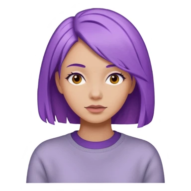 A woman with purple hair and a sweater sticker