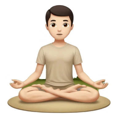 rapaz magro cabelo escuro, camiseta bege e  bermuda bege escuro, corpo inteiro meditando  num jardim oriental sticker