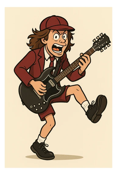 Angus Young from AC/DC in a school uniform, energetic pose, holding a guitar, cartoon style sticker