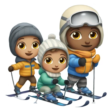 Infant skiing with its family of five, and one grey striped cat sticker