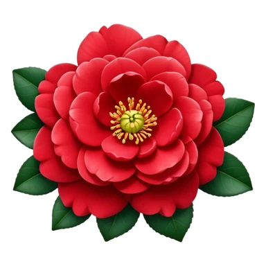 Traditional red camellia japonica (tsubaki) flower with perfectly symmetrical layered petals and glossy dark green leaves sticker