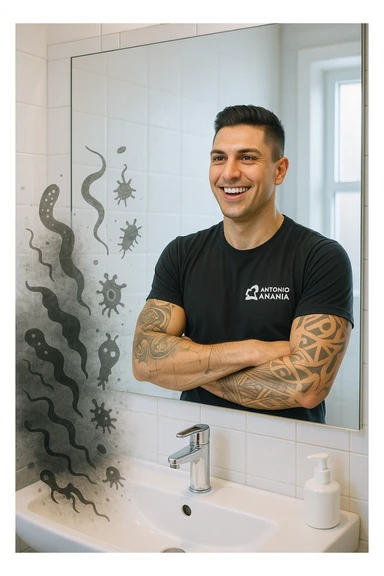 a man stands in a brightly lit bathroom, looking relieved and revitalized as he examines his reflection in the mirror. In the foreground, stylized, shadowy images of parasites (such as worms or protozoa) are shown leaving his body, dissolving into mist or fading away. His posture is upright and his expression is one of newfound energy and health. sticker