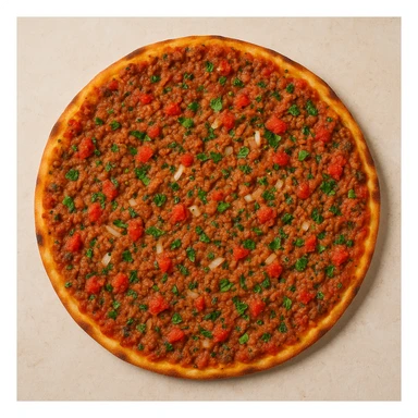 a round Turkish lahmacun, thin flatbread topped with minced meat, tomatoes, onions, and herbs, viewed from above, appetizing and colorful sticker