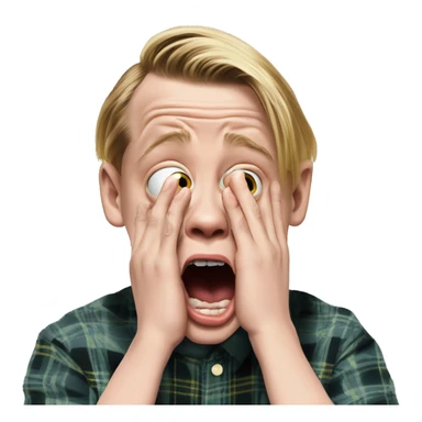 macaulay culkin from Home Alone, putting both hands on his face and screaming of fear. bring the hands down lik he is putting on his cheeks. sticker