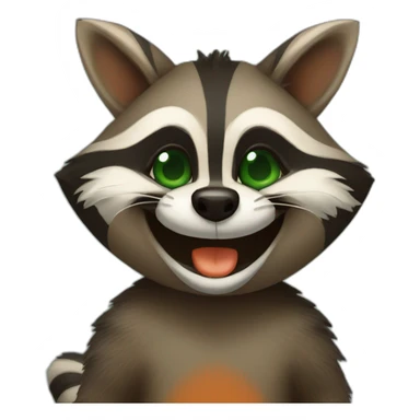 brown raccoon with orange eyes and a dark green hood that is laughing sticker