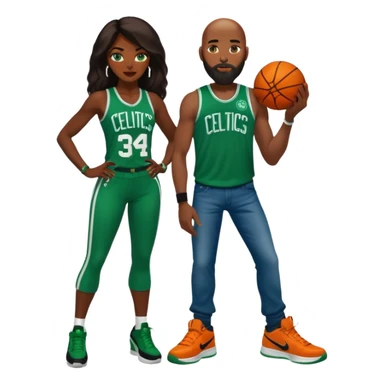 has blue eyes, is

48-year-old dark skin black woman with brown eyes, long dark brown hair, dressed in a sexy Boston Celtics outfit & wearing stilettos. A White bald white man with an orange beard & facial hair. He is wearing a Jason Tatum Boston Celtics Jersey, jeans & green Nike sneakers sticker