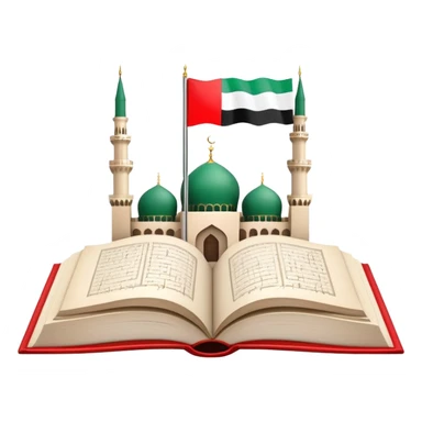 An icon featuring the mosque and the big flag of United Arab Emirates, symbolizing the Arabic language. The design includes an open book with Arabic script and calligraphy, representing language learning and cultural heritage. Transparent background sticker