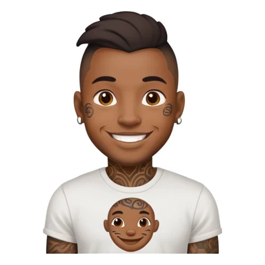 black man with face tattoos, smiling, wearing a t-shirt sticker