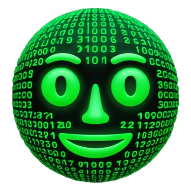 Futuristic 3D emoji made of glowing green Matrix code, digital rain background, cyberpunk neon glow, dark black backdrop, minimalist rounded face, high contrast, cinematic lighting, ultra-sharp, high resolution. sticker