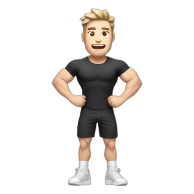 amazed Open with surprise mouth Pale skinned Fit Man With the biceps and dark brown hair in black shirt, gray sports shorts and white Sneakers sticker