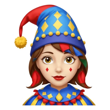 a girl with brown hair a blue and red jester hat with yellow pom pom's at the tip of the jester hat her eyes a patren of red and blue  sticker