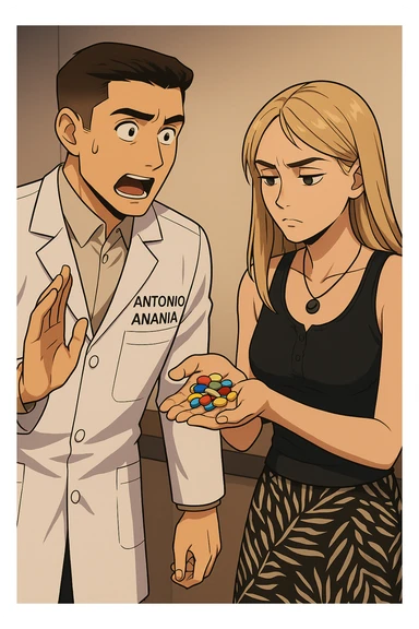 fai un webtoon/manga a colori con questo kinesiologo in camice bianco (fagli la scritta "ANTONIO ANANIA" SUL CAMICE) CHE PARLA CON QUESTA RAGAZZA. LA RAGAZZA HA UN PUGNO DI INTEGRATORI IN MANO (TANTE PILLOLE DIVERSE) E LE GUARDA DUBBIOSA. IL KINESIOLOGO CON IL CAMICE BIANCO LE DOMANDA UNA COSA SCIOCCATO. NON FARE I FUMETTI, FAI SOLO LORO COME SE DIALOGASSERO sticker