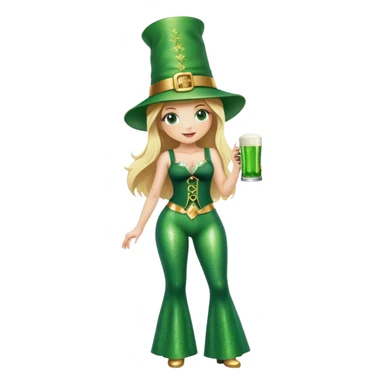 Blonde haired pretty woman in glittery green bell bottoms and tall leprechaun hat holding a green beer sticker