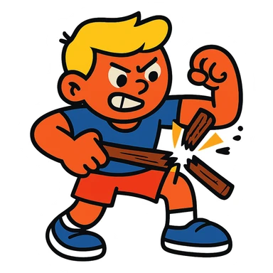strong kid breaking a stick, determined expression, fun illustration, vibrant colors sticker