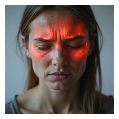 close-up of a woman's head, forehead and temples area with glowing red effect, pain expression, realistic style, light background sticker