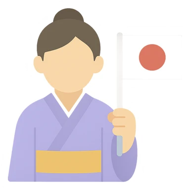 person in a traditional Japanese kimono holding the flag of Japan, color icon sticker