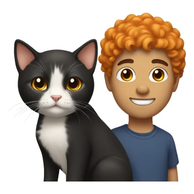 Standing guy with short black  curly hair holding a orange cat sticker