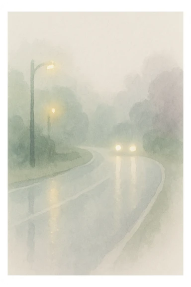 a rainy road at night, watercolor style, soft colors, blurred edges, glowing lights sticker