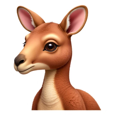 Cinematic Cute Adult Red Kangaroo Portrait Emoji, Head tilted playfully and inquisitively, showcasing a charming, robust build with soft reddish fur and a uniquely camel-like head featuring a gentle, elongated snout and rounded ears, with large, sparkling eyes full of wonder, Simplified yet irresistibly adorable features, highly detailed, glowing with a warm, friendly glow, high shine, affectionate and lively, stylized with a touch of outback whimsy, soft glowing outline, capturing the essence of a mischievous yet loving kangaroo that seems as if it could hop out of the screen into your arms! sticker