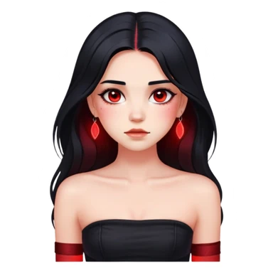 Girl with black hair with red underlights and frontlights hair. Long hair. Black strapless crop top. Very elegant. Skinny face with birthmark under left cheek. Without jewerly. sticker