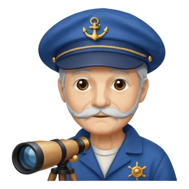 old sailor wearing a blue cap with a telescope sticker