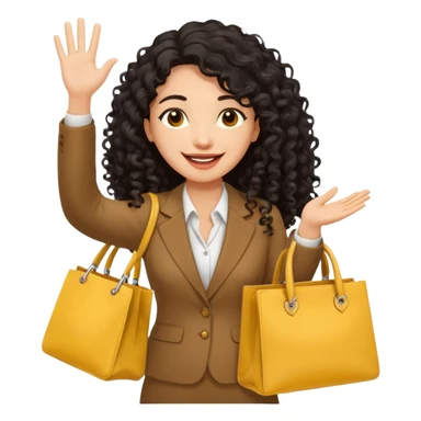 medium deep tan brown business woman with long black curly hair, waving hand with happy face with smile mouth and carrying bag on her shoulder and the other hand holding yellow stanley tumblr sticker