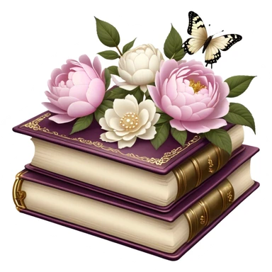 A vintage silk-bound poetry book, its cover embossed with golden floral motifs of pink roses and white peonies, resting on an antique writing desk with an ivory quill and a pearl butterfly sitting lightly on the book’s pages.
 sticker