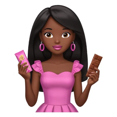 Black barbie, long black  hair, pink dress eating chocalate bar sticker
