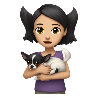 A girl with dark hair and dark eyes and a white chihuahua in her arms and they cuddled  sticker