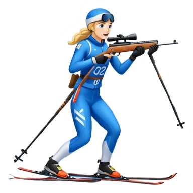 An icon showing a biathlete skiing on a snow-covered Olympic track with a rifle on their back. Cheering fans fill the stands. Majestic mountains, snowy trees, and a bright blue sky complete the scenic winter landscape. Transparent background captures the spirit of biathlon. sticker