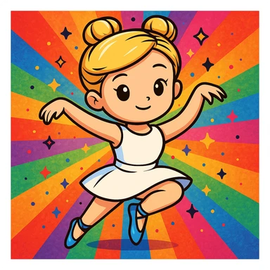 Add a vibrant, colorful background behind Dana Dawson in a dance pose, keep the original cartoon sticker style sticker