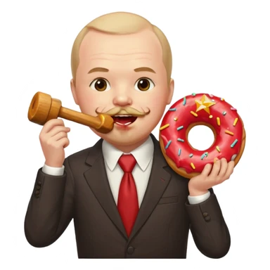 Ленин в костюме с удовольствием кусает огромный пончик-донат красного цвета, на котором нарисованы серп и молот sticker