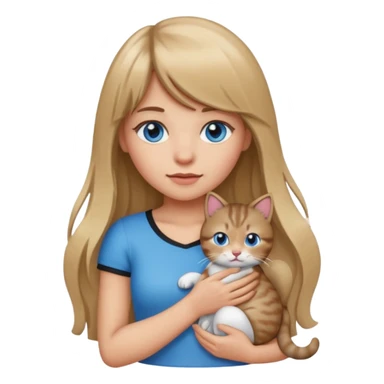 Apple-style emoji sticker of a young woman with long dark blond hair and bang, blue eyes , holding a kitty with black and white patch on her chest.  sticker