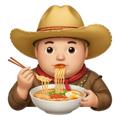 fat cowboy with a big hat eating ramen sticker