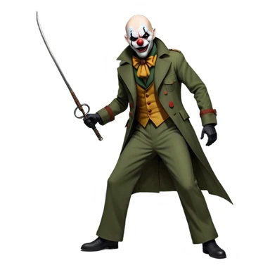evil clown, bald, small black horns on forehead, fangs, pointed ears, eye patch over one eye, long coat over black and military green leisure suit with bellbottom pants, tail, holding an Indiana Jones-style whip, realistically proportioned, less bulky, full body, battle-ready, fighting posture sticker