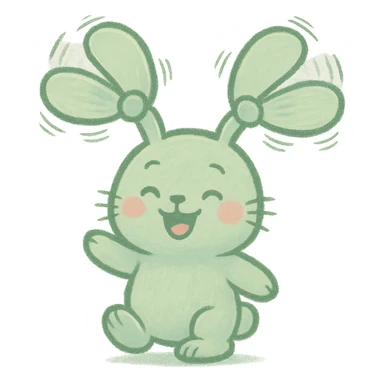 pastel green bunny with fan blades for ears, spinning, cheerful expression, full-body sticker