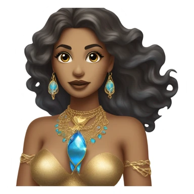 Divine feminine luxurious, sensual mermaid siren, bronze tan famous singer dark hair gold jewelry blue jewelry 9th dimension  sticker