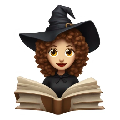 a witch with red lips, brown curly hair to the shoulders reading a book sticker