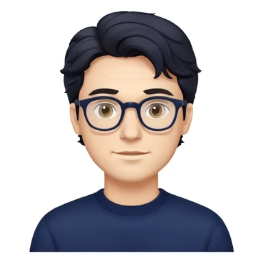 Caucasian male with wavy black hair wearing eyeglasses and a dark navy blue long sleeve pullover sweater sticker