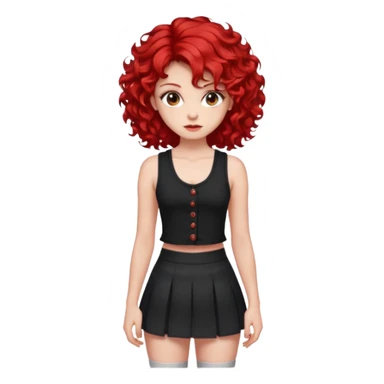 red haired girl with 2 big curls on the sides of her hair with a button up black tank top with red accents and a short skirt with red end sticker