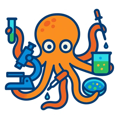 an octopus doing labwork, each tentacle holding a different science tool, vibrant, playful, clear details sticker