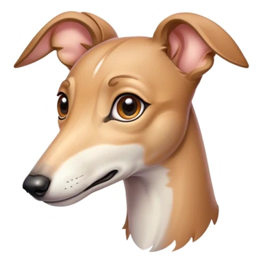 Cinematic Cute Fawn Greyhound Portrait Emoji, Head tilted playfully and inquisitively, featuring a sleek fawn Fur with a gentle sheen, round, sparkling eyes filled with curiosity, Simplified yet irresistibly adorable features, highly detailed, glowing with a warm, friendly glow, high shine, affectionate and nimble, stylized with a touch of whimsy, bright and endearing, soft glowing outline, capturing the essence of a mischievous yet loving racer, so playful it feels like it could sprint out of the screen and into your arms! sticker