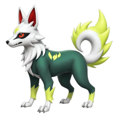 Hyper realistic skeletal black and neon green and neon yellow Zangoose-Lycanroc-Zorua-Litten-Houndoom-Fakémon-Pokémon-Digimon-hybrid-fusion (full body) sticker
