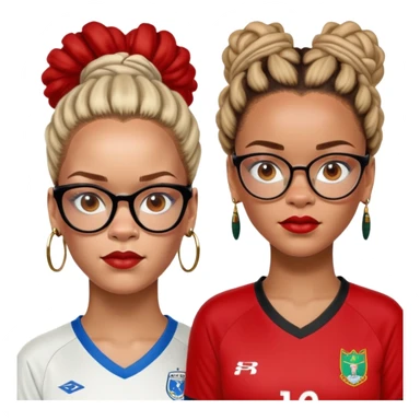 Rihanna must have freckles on nose and soccer woman with updo dreadlocks from east Caribbean wearing a red and white jersey and cateye eyeglasses sticker