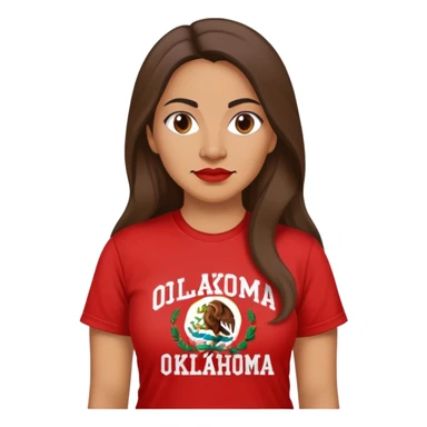 40 year old Mexican woman long hair in a red “OKLAHOMA” t-shirt sticker