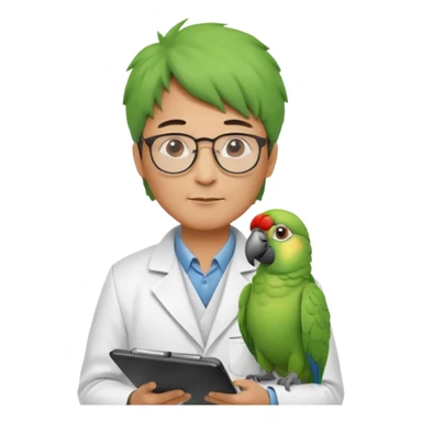 Middle-aged asian male vet – glasses, coat, writing notes on clipboard with parot on head sticker