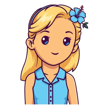 preppy coastal teen girl with blue eyes, beach blonde hair, tan skin, hibiscus flower in her ear, preppy beach outfit sticker