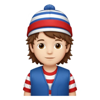 brown fluffy hair kid with blue and white hat dark blue jilet red t shirt sticker
